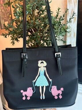 Sydney Love Black Tote Shoulder Bag Embroidered Woman Walking Pink Poodles